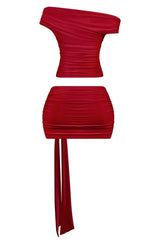 Valentina Dark Red Ruched Mini Skirt Set