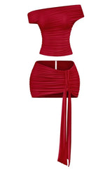 Valentina Dark Red Ruched Mini Skirt Set