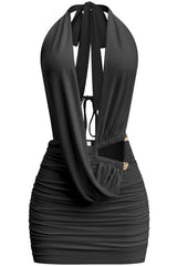 After Hours Black Cowl Neck Halter Mini Dress