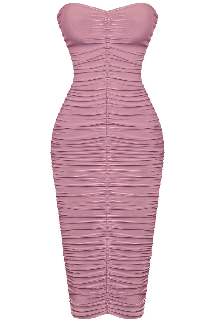 Mauve Tube Ruched Midi Dress – The Barbie Kloset